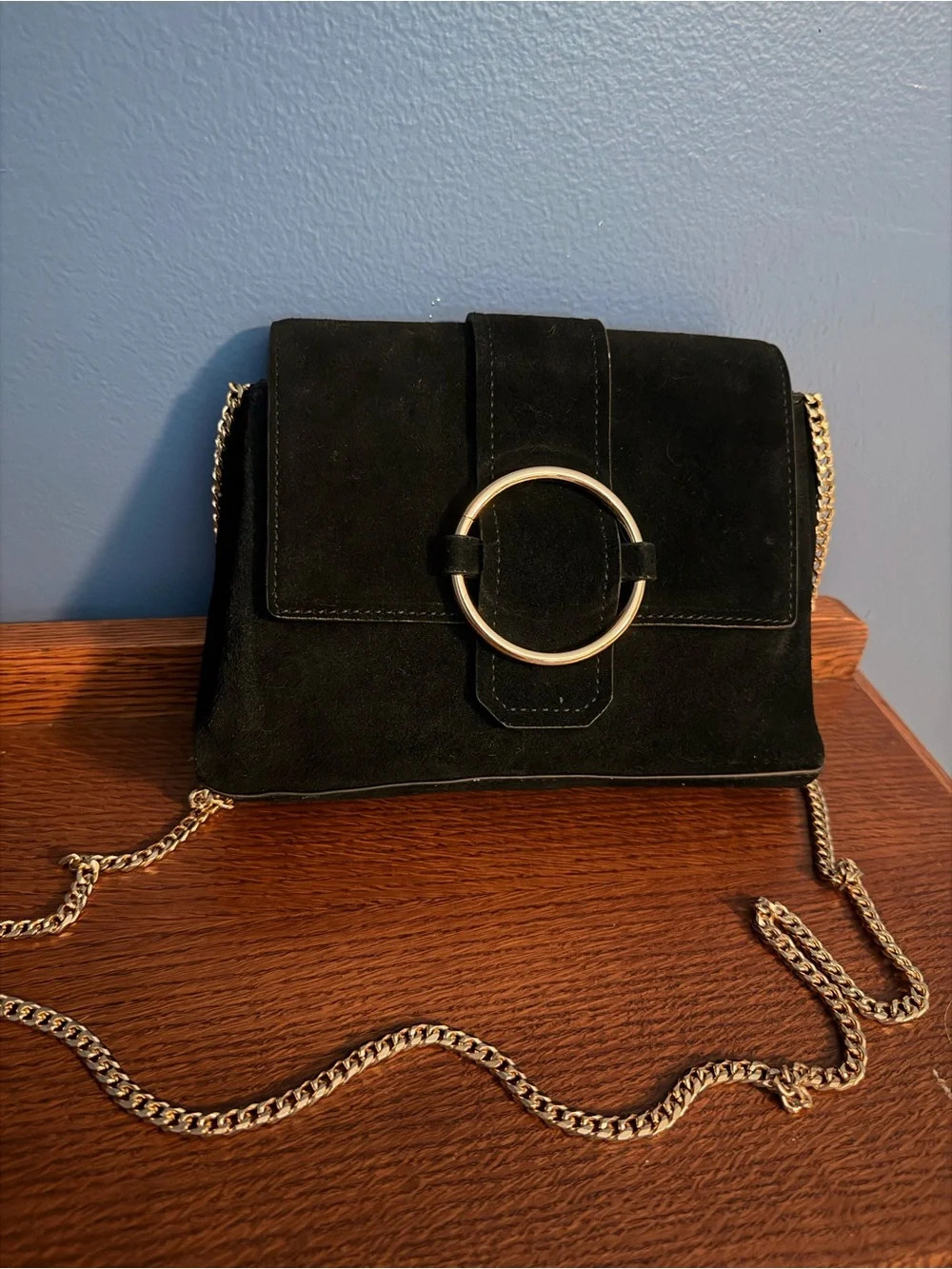 Mango Black Suede Crossbody Bag with Gold Ring Accent